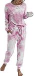 PRETTYGARDEN Women's Tie Dye Two Piece Pajamas Set Casual Long Sleeve Sweatshirt with Long Pants Loungewear, Pink, Medium