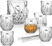 BINZO Glass Ice Bucket Set with 6 Glasses, Steel Handle & Steel Tong, Set of 7, Ice Bucket Size - 1 Litre/1000 ml, Glass Size - 300 ml