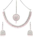 Zeneme Jewellery Sparkling American Diamond Collar Necklace with Designer Jhumka/Jhumki Earrings Maang Tikka for Women and Girls…, Standard, Gemstone, Cubic Zirconia