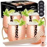 RYLIFEOGI Moscow Mule Mugs Set of 4, Copper Cups 19oz with Jigger Straws Coasters Gift Set for Bar, Home Party