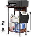 MESHDO 3-Tier Moveable Printer Stand with Charging Station, Floor-Standing Microwave Oven Stand Baker Rack with Wheels, Height Adjustable Storage Cart End Table for Home Office, Kitchen, Rustic Brown