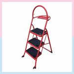 Familia Premium Steel Anti Slip Foldable 3-Step Ladder for Home with Wheels Heavy Duty, Anti-Fold Locks, Support Handle and Tool Tray, Strong Wide Anti Skid Matt Step (3 Step, Red)