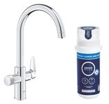 GROHE Blue Pure StartCurve - Starter Kit for Filtered Water (Kitchen Sink Tap, High C-Shape, 150° Swivel Spout, Under-Sink Activated Carbon Filter Set, Tails 3/8 Inch), Size 411 mm, Chrome, 30593000