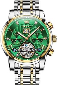 OLEVS Automatic Men Watch Tourbillon Self Winding Mechanics Luxury Business Stainless Steel Luminous Waterproof Wrist Watch, Two Tone Strap &Green Face, bracelet