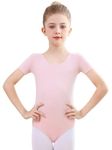 Monbessi Ballet Leotard for Girls Basic Short Sleeve Toddler Dance Outfit Cotton Gymnastics Leotards School Dance Age 2-11 Years (110, Pink)