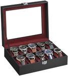 SONGMICS Watch Box with 10 Slots, Watch Case with Glass Lid, Watch Display Box with Removable Watch Pillows, Metal Clasp, Gift Idea, Black Synthetic Leather, Wine Red Lining JWB010R01