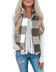 LOMON Womens Fuzzy Sherpa Fleece Jacket Lightweight Vest Cozy Sleeveless Cardigan Zipper Waistcoat Outerwear with Pocket, P-khaki Plaid, Small