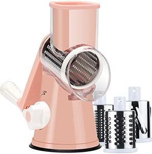 Ancevsk Rotary Cheese Grater with Handle, Round Mandoline Speed Kitchen Slicer Machine, 3 in 1 Multifunctional Vegetable Shredder Manual Garlic Grinder for Nuts, Potato, Carrot, Hashbrown (Pink)