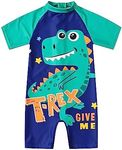 Ewbob Boys One Piece Swimsuit Short Sleeves Rash Guard Zipper Bathing Suits Swim Shirts for Kids Sun Protection Beachwear(C1-005) -Blue Green Dinosaurs-4-5Y