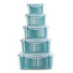 Set of 5 Stackable Freezer Bins, Plastic Food Fresh Keeper Storage Containers Fruit Vegetable Produce Saver Organizer with Lid & Colander for Refrigerators, Cabinets, Countertops and Pantry