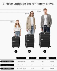 COOLIFE 3-Piece Luggage Set – Lightweight ABS+PC Suitcases, Spinner Wheels, Black
