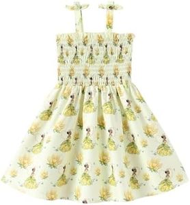 Disney Princess Tiana Toddler Girl Dress Light Green Lotus Frog Print Bow Tie Straps Smocked Sundress Birthday Park Casual Summer Outfit Clothes 3-4T