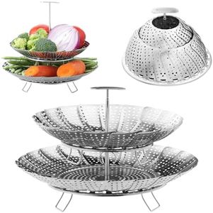 Navaris Vegetable Steamer Basket - 2 Tier Design for Efficient Cooking - Stainless Steel Food Steamers for Fruit and Veg - Saucepan Steaming Insert Ideal for Vegetables & Dumplings