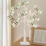 PEIDUO Money Tree, 22 Inch Gift Card Tree Holder with 6 Clips and 6 Greeting Cards, 24 Warm White Birch Tree with Lights, Christmas Tree Card Holder for Birthday Wedding Indoor Xmas Decorations