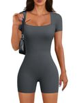 CMTOP Jumpsuit for Women Yoga Jumpsuits Romper Short Sleeves Bodycon Sport Shorts One Piece Short Jumpsuit Square Neck Playsuit Slim Fit Bodysuit Casual Workout Jumpsuit Unitards(Dark grey, S)