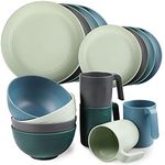 Shopwithgreen Reusable Plastic Dinnerware Sets (Plates, Bowls, Mugs), Unbreakable & Lightweight for Kids and Adults, Picnic and Camping Mess Set, 16 pcs Service for 4