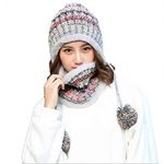 Aisaving Women Knitted Hat Scarf Set Winter Warm Thicken Crochet Bobble Pom Pom Beanie Hat Cap Outdoor Ski Snowboard Cycle Bobble Hemming Hats with Fleece Lining(Grey)