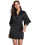 Vlazom Women's Kimono Robes Short Satin Silk Bridal Party Robe with Oblique V-Neck Black