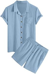 ZAFUL Men's 2 Pieces Shirt Set Short Sleeve Button Down Casual Hippie Holiday Beach T-Shirts Shorts Outfits Blue XXL