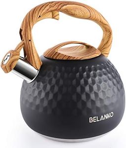 Tea Kettle, 3 Liter BELANKO Teapot Whistling Kettle with Wood Pattern Handle Loud Whistle, Food Grade Stainless Steel Tea Pot for Stovetops Induction Diamond Design Water Kettle - Black