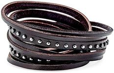 Hip Hop Retro Punk Rocker Wristband Metal Studded Rivets Cuff Multi Layer Straps Double Wrap Genuine Brown Black Leather Biker Bracelet for Men Women Teens Adjustable Snaps