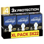 Always Ultra Sanitary Towels, Size 4 Secure Night, Extra Large Pack, 66 Count, Super Absorbent, Ultra Thin Pads with Wings for Overnight Protection