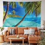 Ambesonne Ocean Tapestry, Image of a Tropical Island Beach Theme The Palm Trees and Clear Sea Print, Wide Wall Hanging for Bedroom Living Room Dorm, 80" X 60", Turquoise Blue