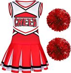 Sersllta Cheerleader Costume for Girls Cheerleading Outfit with Pom Poms Halloween Dress Up Party (Red, 3-4T)