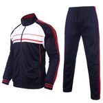 Megub mens tracksuit 2 pieces casual Outfit sweat jogger suit sets BIG TALL men sportswear, Navy/White and Red Trim, 3X-Large
