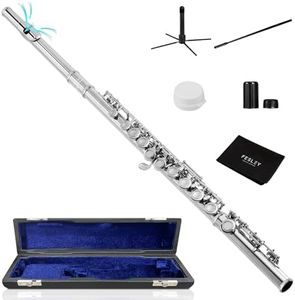 Fesley Silver Plated Closed Hole C Flute, Musical Instruments Flute for Student Beginner Band, 16 Keys Flutes with Flute Case, Cleaning Cloth, Stand, Joint Grease, Cleaning Rod