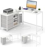 Giantex L-Shaped Computer Desk with Power Outlet, Convertible Corner Desk with 3 Fabric Drawers & Metal Mesh Shelves, 205 cm Long Office Desk for Working, Studying, Gaming (White+ Gray)