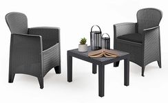 idooka Plastic Garden Table and Chairs Tea for 2 Bistro Set Rattan Wicker Effect, Anthracite Grey Side Coffee Table and Chairs Set, Perfect for Patio, Balcony and Conservatory, 2 Seater, 3 Piece