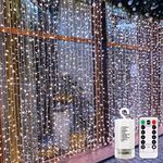 echosari 300 LED Curtain Lights Battery Operated, Hanging Lights w/Remote Timer, Outdoor Curtain Icicle Window Lights for Bedroom, Wedding Backdrops, Christmas, Party Decór (9.8ft×9.8ft, Cool White)