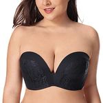 Delimira Women's Strapless Bra Padded Push Up Underwired Support Lift Plus Size Lace Bandeau Bra Black 34E