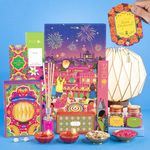 Phool Diwali Nostalgia Gift Hamper - 9 Pack - Includes Tara Sitara Lamp, Ruby Reed Diffuser, Gold & Red, Ceramic Diya, Phool incense sticks, Rajwadi Saunf & Rose Mishri, Diwali greetings card and Cotton wick - Diwali hamper gift box