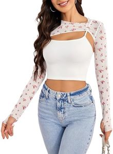 Avidlove Crop Tops for Women Long Sleeve Concert Outfits Mesh Rave Outfits 2 Piece Clubwear with Thumb Holes White Flower