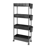 BOMKEE 4 Tier Slim Storage Cart Storage Trolley Slide Out Rolling Utility Cart Mobile Shelving Unit Trolley Organizer Cart Storage Rack on wheels for Kitchen Bathroom Laundry Office (Black01)