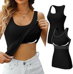 V FOR CITY Shelf Bra Tank Top for Women Wide Strap Camisole Workout Racerback Black Cotton Athletic Tops 2 Pack