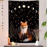 Aesthetic Fox Moon Phase Vertical Tapestry, Trippy Animal Floral Witchy Tarot Tapestry Wall Hanging for Bedroom, Black Fall Maple Leaves Tapestries Poster Blanket College Dorm Home Decor (60X80)