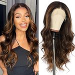 Sapphirewigs Brown Lace Front Wig Highlight Brown Wigs Pre-styled Long Wavy Hair 13×3 Lace Wigs for Women Natural Glueless Synthetic Wigs for Daily Use 24 Inches…