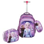 NOVEX Disney Frozen Kids Backpack Combo Set - 1 Lunch Box Bag & Stationary Pouch School Trolley Bags with 2 wheels | 17 Inch Soft Polyester Spinner Luggage | Purple Carry-on Set for Kid Boys