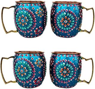 Rastogi Handicrafts Handmade Pure Copper Outer Hand Painted Art Work Wine, Vodka, Beer,Cocktail,Juice, Cold Coffee Mug - Cup 16 oz (4)