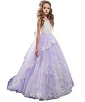 Flower Girl Dress Kids Lace Beaded Pageant Ball Gowns (Size 6, B Lilac)