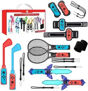 12 in 1 Family Accessories Kit for Nintendo Switch Sports Games:Tennis Rackets, Sword Grips, Golf Clubs, Wrist Dance Bands & Leg Strap, Joy-con Wrist Band, Comfort Grip Case and Carrying Case