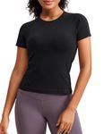 CRZ YOGA Women's Seamless Short Sleeve Shirts Breathable Running Yoga Plain Top Stretchy Sport Gym Fitness Basic T-Shirt Black 12