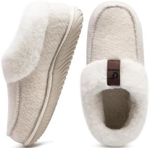 COFACE Women's Arch Support Memory Foam House Slippers Ladies Warm Fuzzy Faux Fur Collar Winter Moccasin Shoes with Orthotic Plantar Fasciitis Indoor Outdoor Beige Size 9