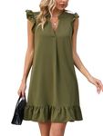 Famulily Summer Sundress Womens Flared Cap Sleeve Ruffled Hem V-Neckline Solid Casual Smock Dresses for Beach Army Green XL