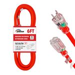 HONDERSON 6FT 12/3 Lighted Outdoor Extension Cord - 12 Gauge 3 Prong SJTW Heavy Duty Neon Red Extension Cable with 3 Prong Grounded Plug for Safety,UL Listed