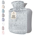 Qomfor Hot Water Bottle with Cover - Premium Fluffy Faux Fur Cover with Kangaroo Pocket - 1.8l Large - Hot Water Bag for Pain Relief, Neck and Shoulders, Hands and Feet, Cosy Nights (Light Grey)