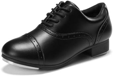 PATPAT Boys Tap Shoes Size 2 Black Pu Leather Hook and Loop Strap Dance Shoes